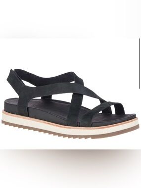 Merrell Genuine Leather Black Cross-Strap Sandals with Tan Midsole